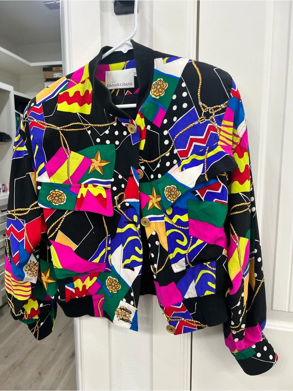 Vintage Colorful Graphic Silk Print Jacket by Dana Buchman
